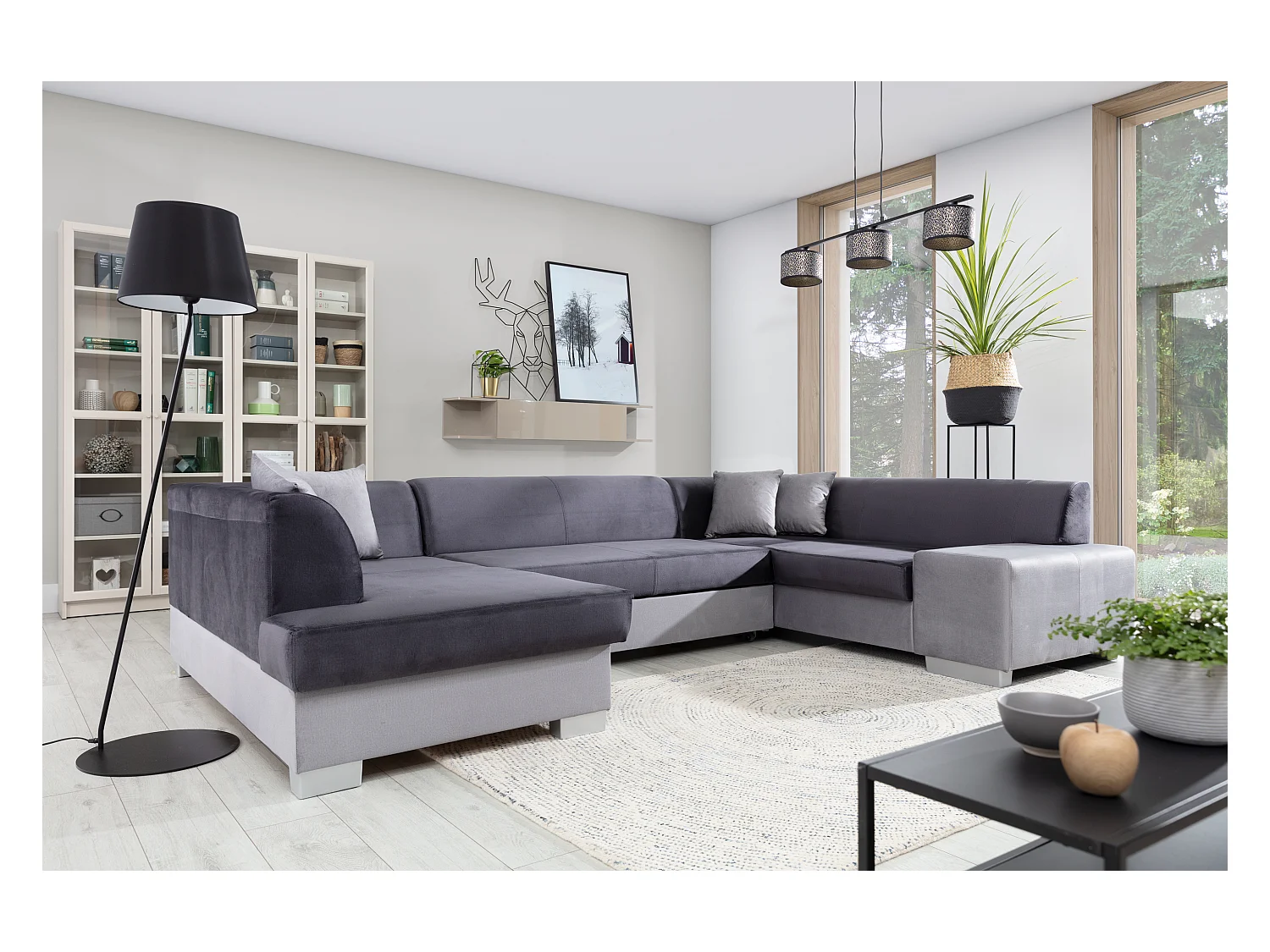 Canapé panoramique convertible HOUSTON en velours avec coffre de rangement-Gris clair/Gris-Coffre à droite