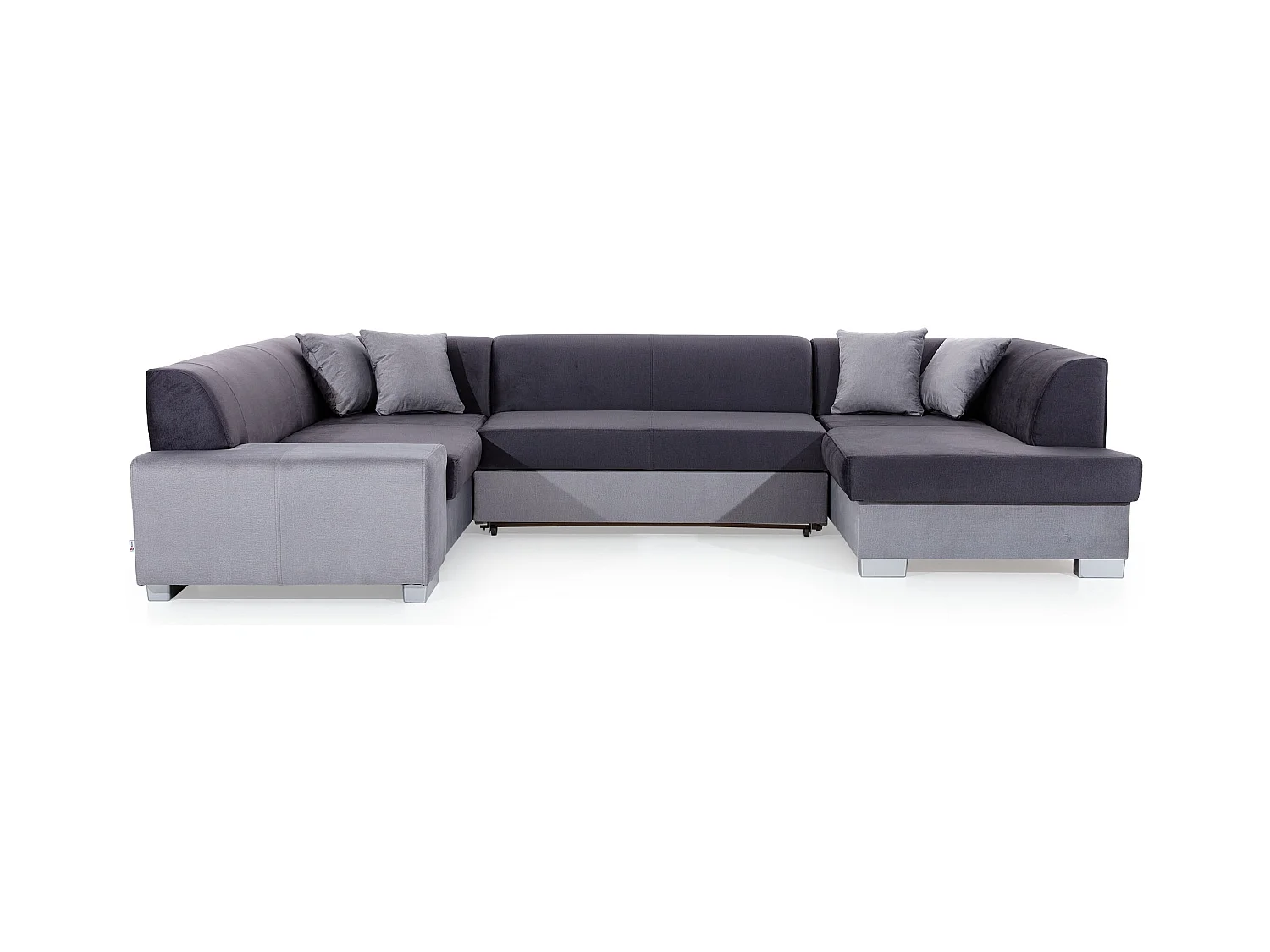 Canapé panoramique convertible HOUSTON en velours avec coffre de rangement-Gris clair/Gris-Coffre à droite
