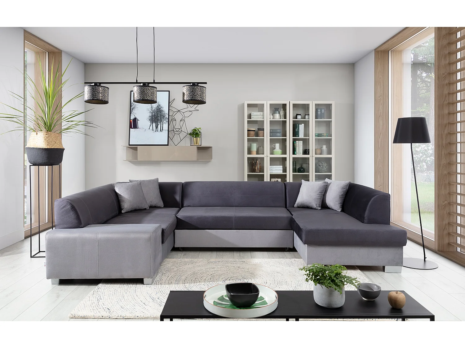 Canapé panoramique convertible HOUSTON en velours avec coffre de rangement-Gris clair/Gris-Coffre à droite