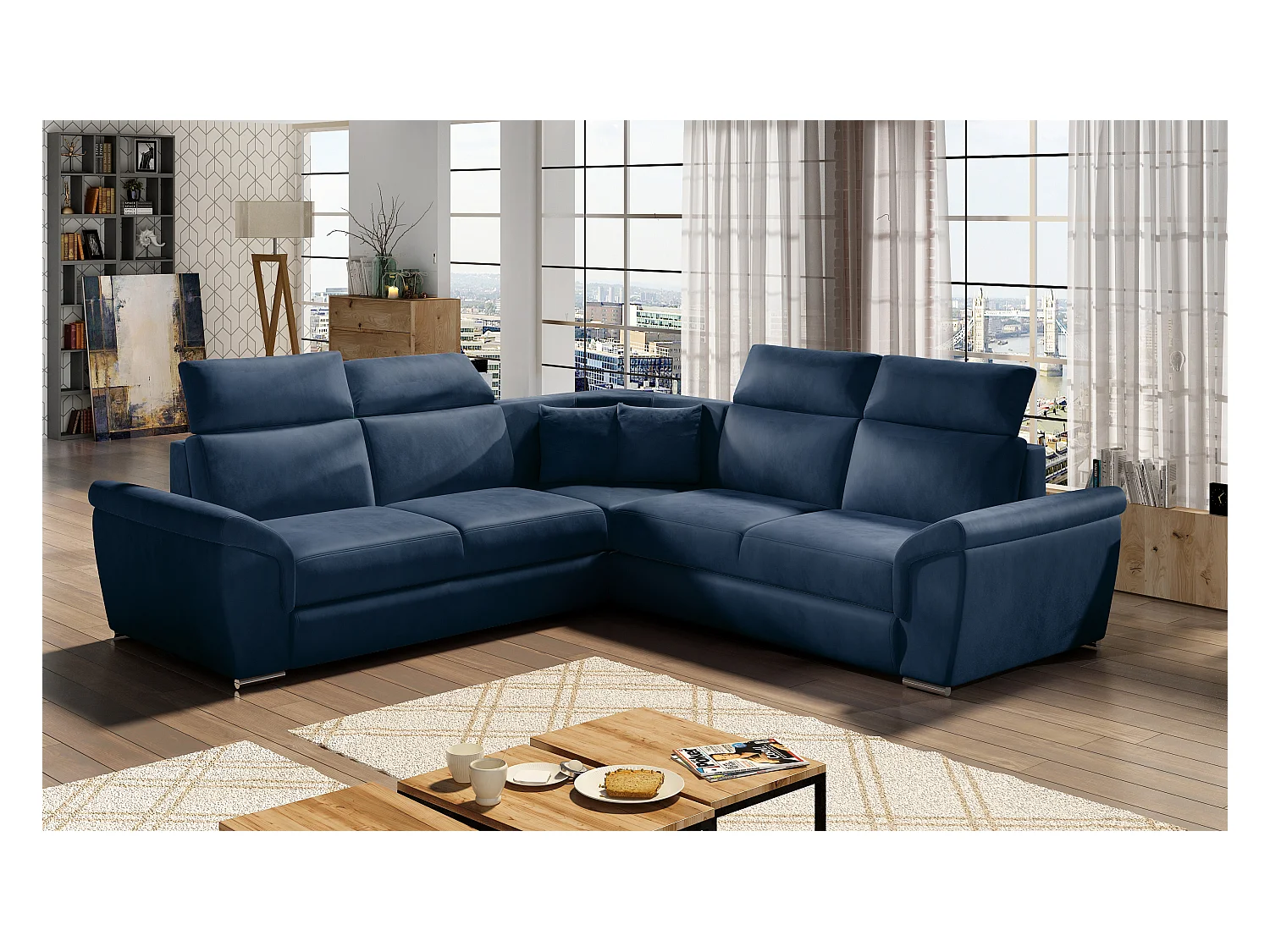Sofá esquinero Neo reversible y convertible en terciopelo - Patas de acero cromado-Color Azul noche