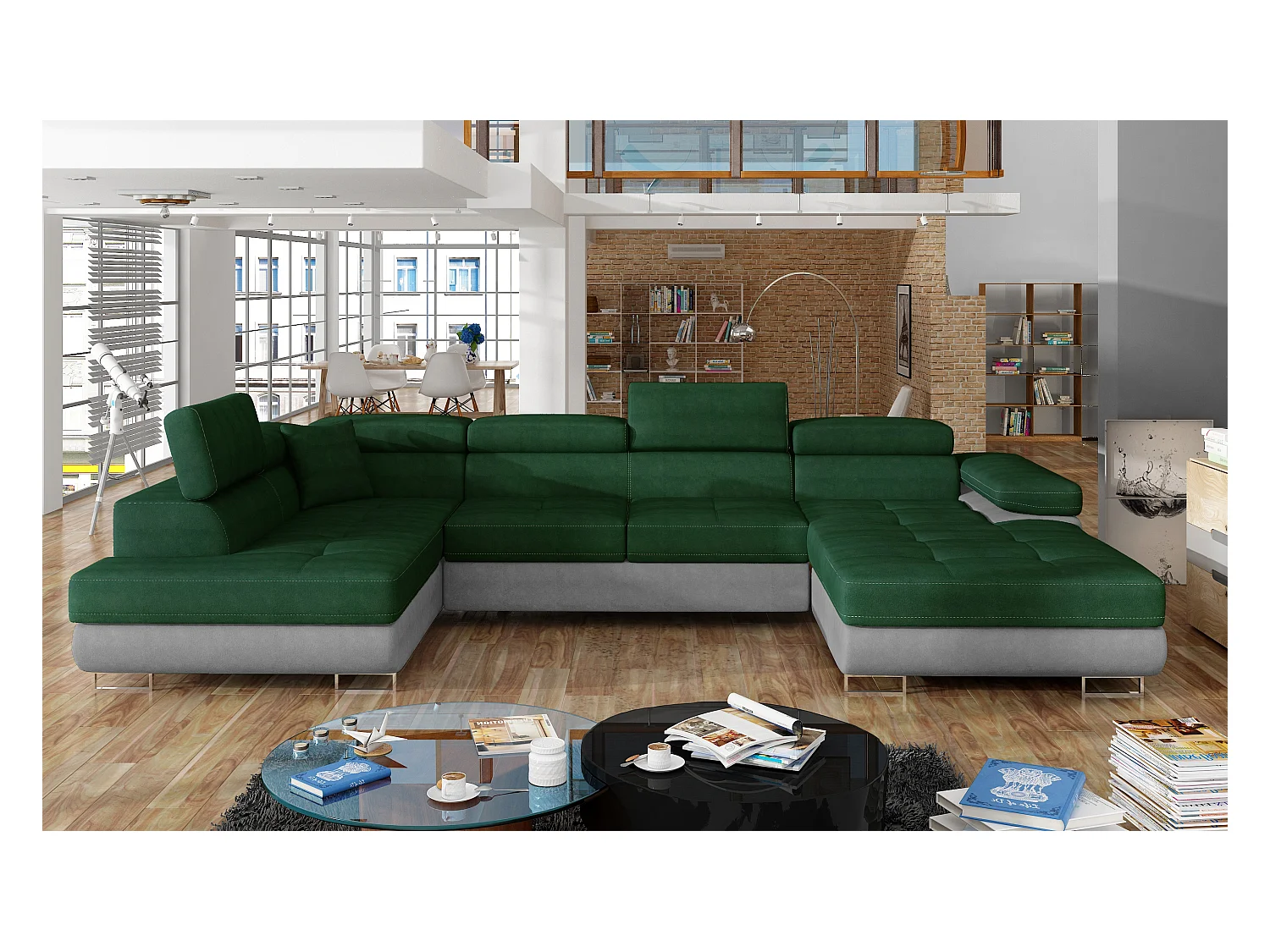 Canapé panoramique convertible ROMANO - Rangement et appuie-têtes réglables-Gris clair/Vert-Coffre à gauche