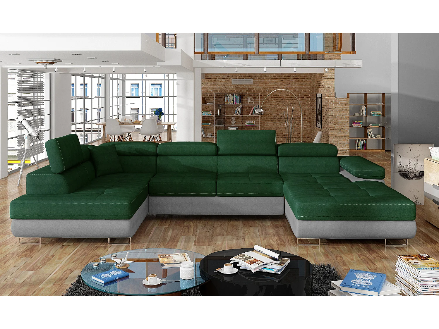 Canapé panoramique convertible ROMANO - Rangement et appuie-têtes réglables-Gris clair/Vert-Coffre à gauche