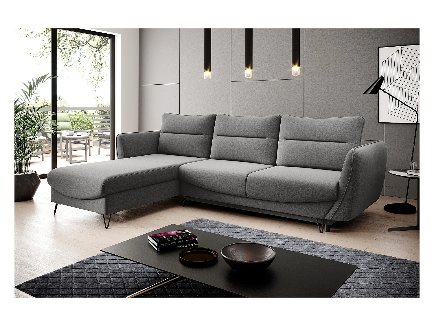 Canapé d'angle convertible tissu ZURIK - Coffre de rangement et pieds métal noir-Gris foncé-angle gauche