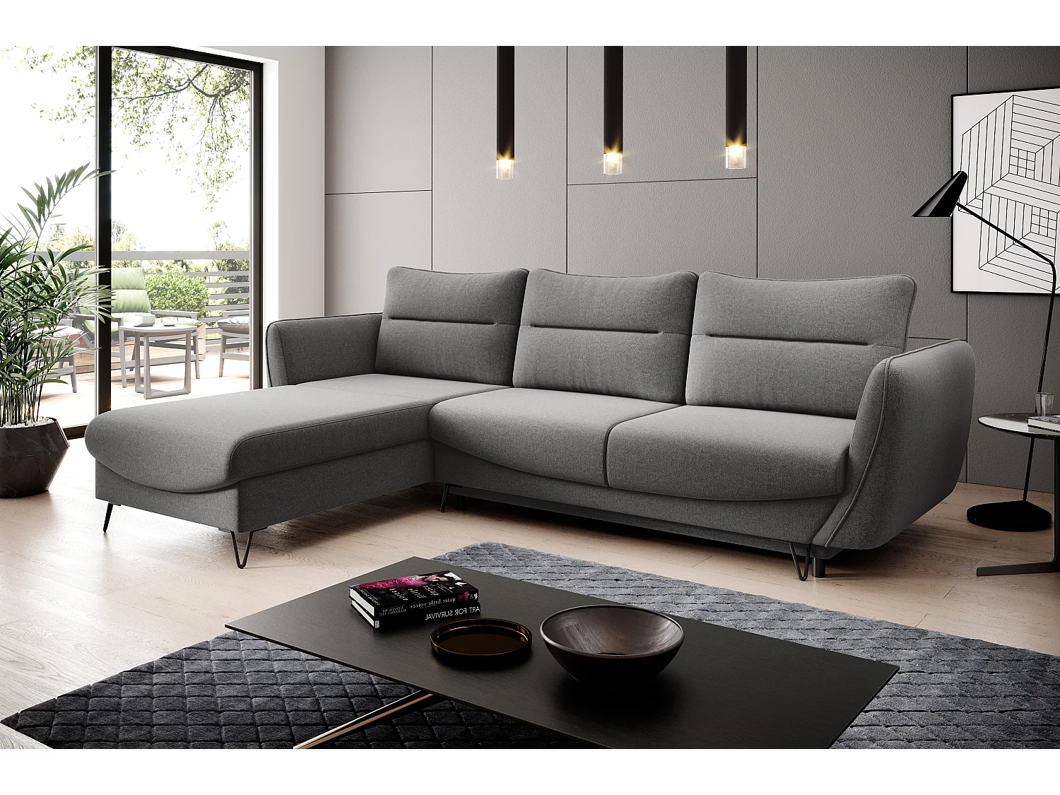 Canapé d'angle convertible tissu ZURIK - Coffre de rangement et pieds métal noir-Gris foncé-angle gauche