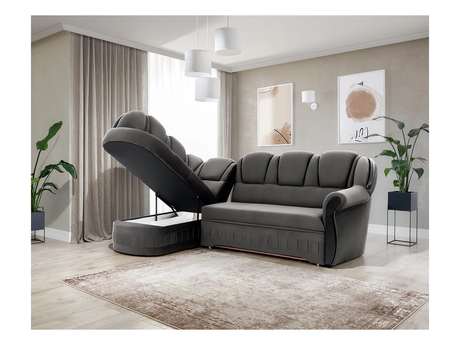 Canapé d'angle convertible avec rangement en velours Majesté-Gris foncé-angle gauche