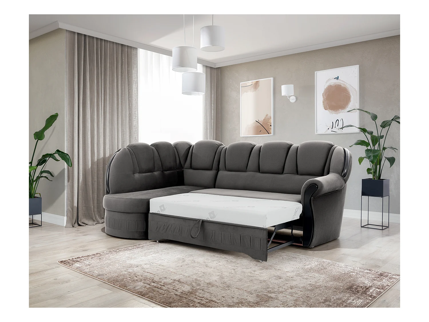 Canapé d'angle convertible avec rangement en velours Majesté-Gris foncé-angle gauche