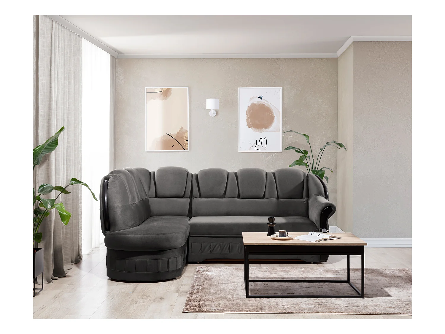 Canapé d'angle convertible avec rangement en velours Majesté-Gris foncé-angle gauche