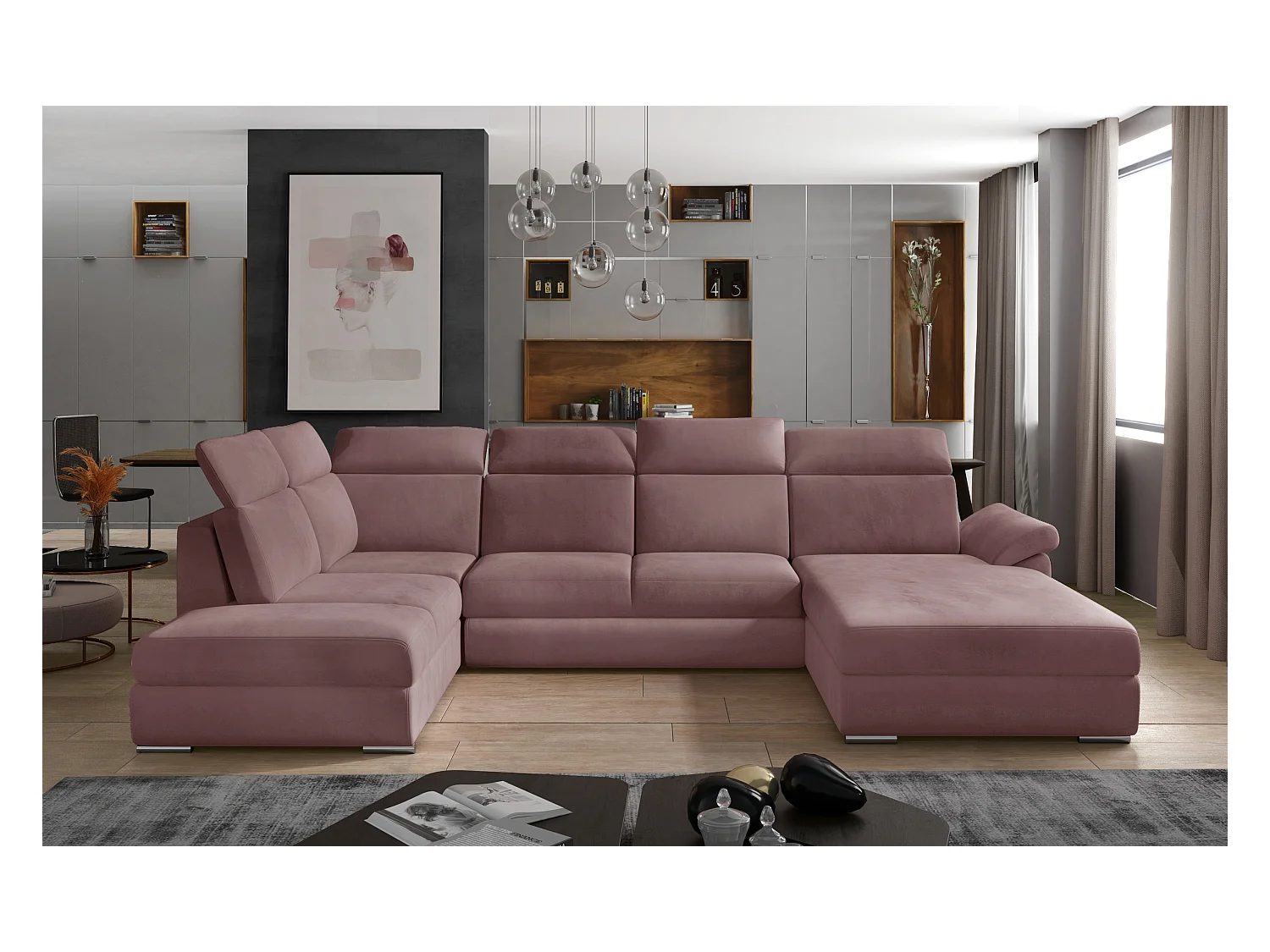 Canapé panoramique convertible LEVANO velours - Rangement et appuie-têtes réglables-Rose poudré-Coffre à droite