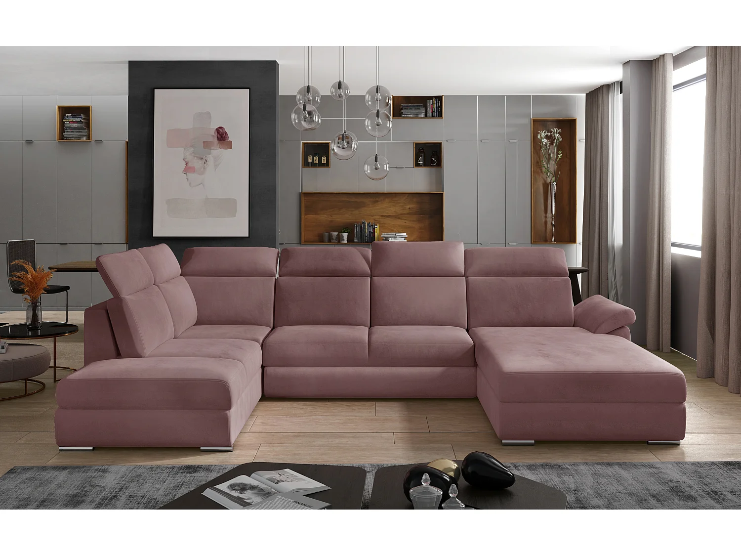 Canapé panoramique convertible LEVANO velours - Rangement et appuie-têtes réglables-Rose poudré-Coffre à droite