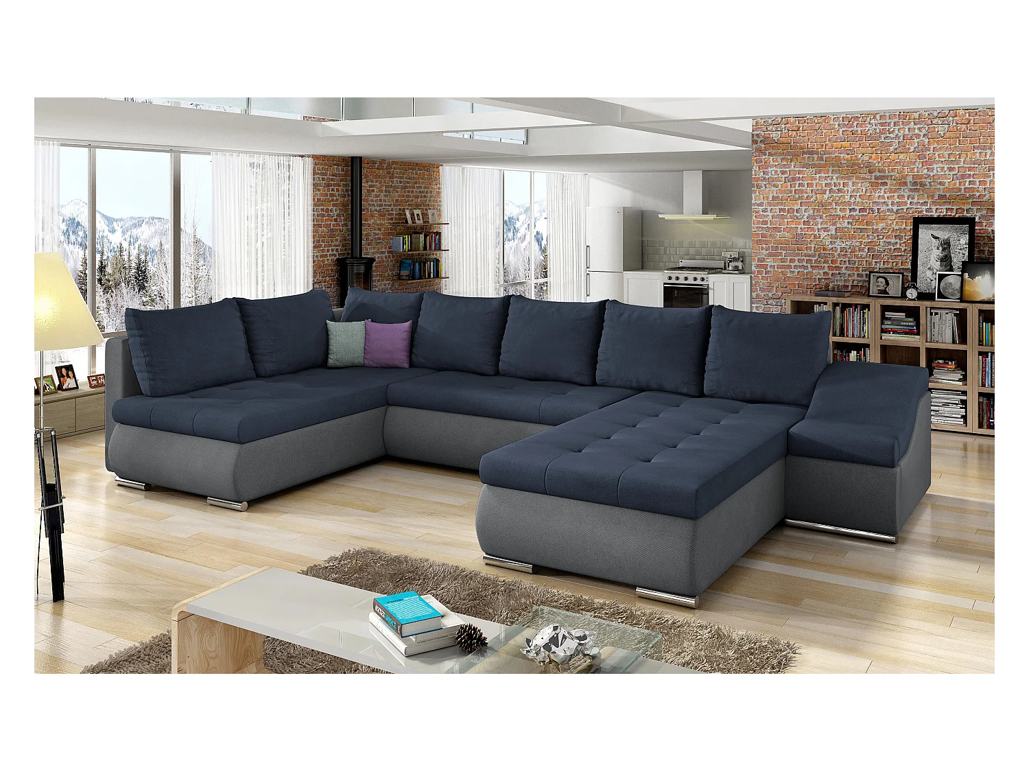 Canapé panoramique convertible JONAZ simili cuir, tissu - Rangement integré-Gris/Bleu foncé-Méridienne A droite