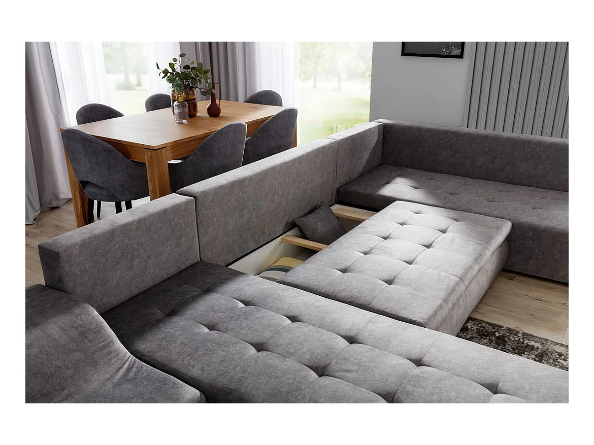 Canapé panoramique convertible JONAZ simili cuir, tissu - Rangement integré-Gris/Bleu foncé-Méridienne A droite