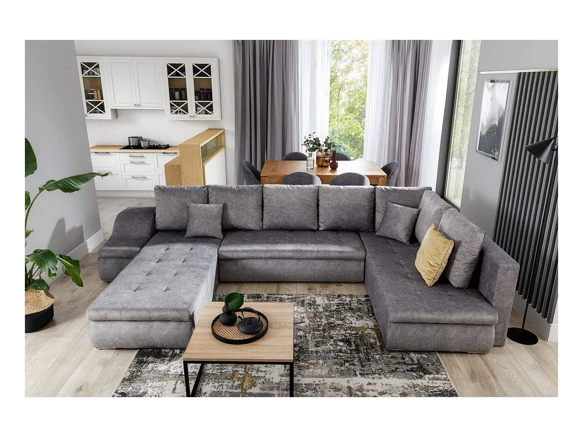 Canapé panoramique convertible JONAZ simili cuir, tissu - Rangement integré-Gris/Bleu foncé-Méridienne A droite