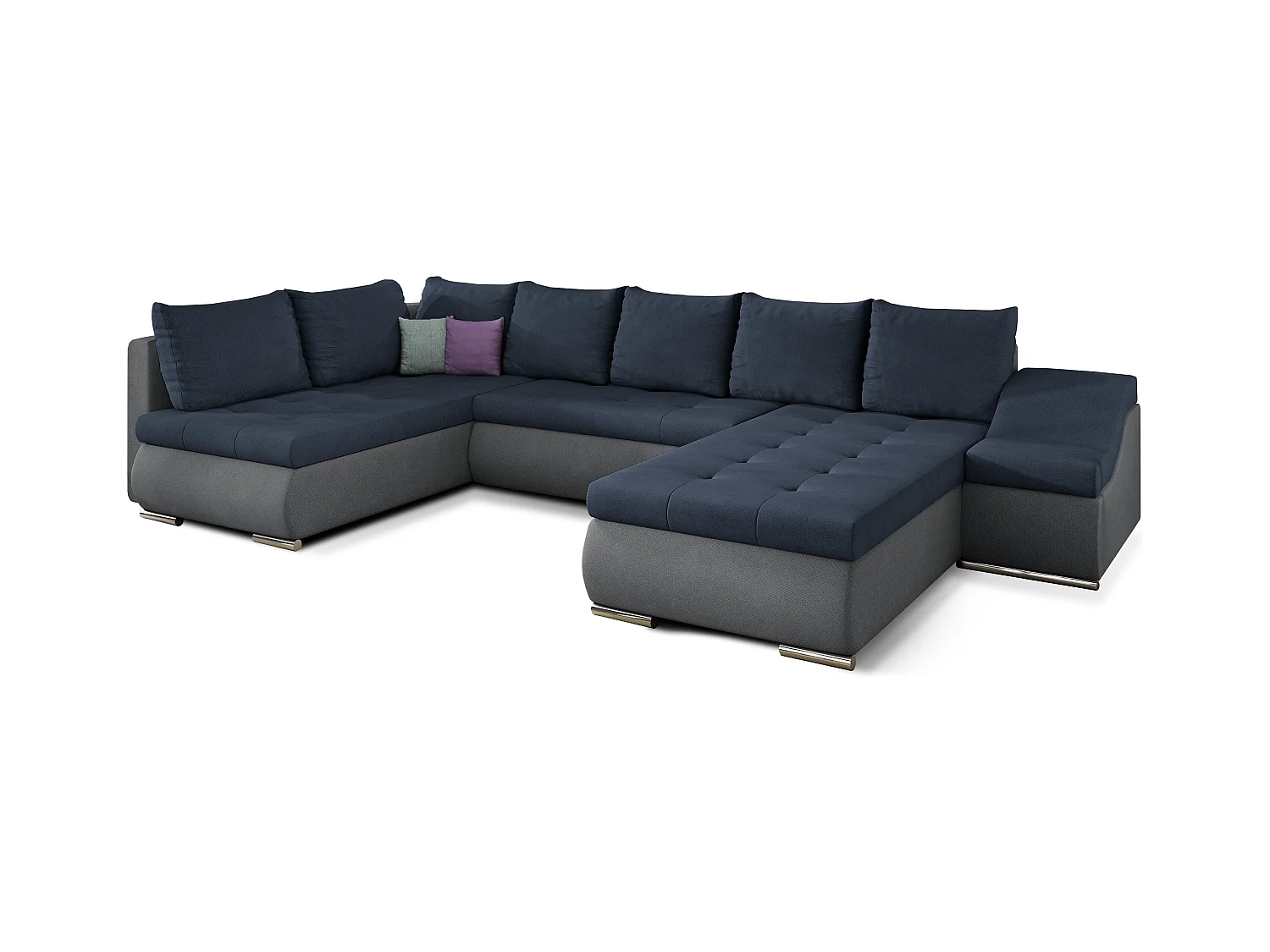 Canapé panoramique convertible JONAZ simili cuir, tissu - Rangement integré-Gris/Bleu foncé-Méridienne A droite