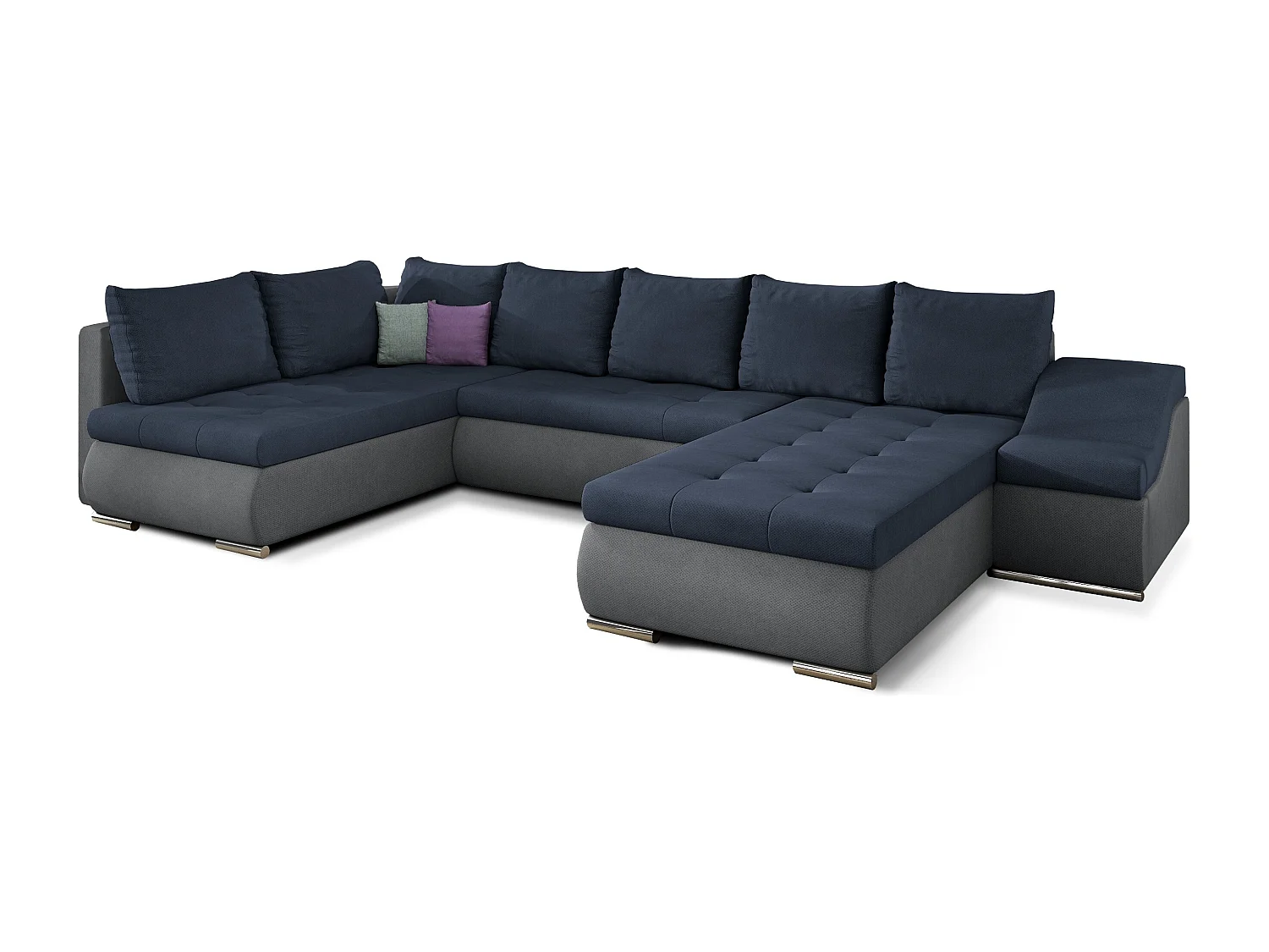 Canapé panoramique convertible JONAZ simili cuir, tissu - Rangement integré-Gris/Bleu foncé-Méridienne A droite