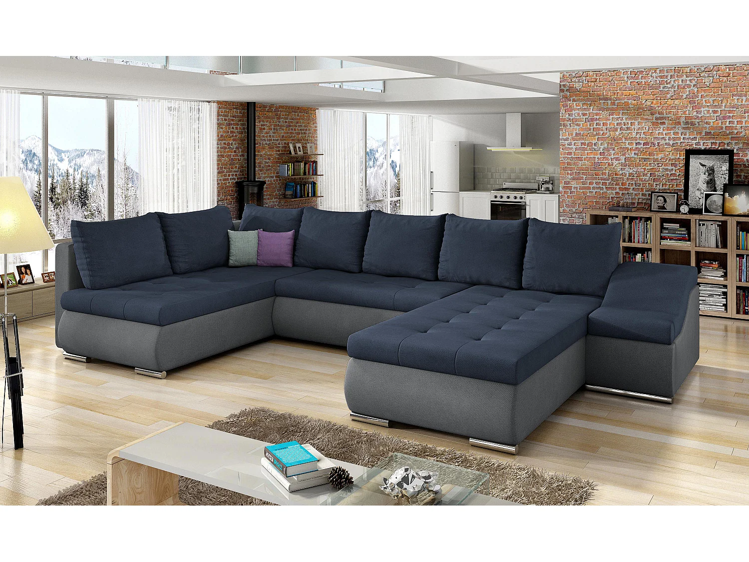 Canapé panoramique convertible JONAZ simili cuir, tissu - Rangement integré-Gris/Bleu foncé-Méridienne A droite