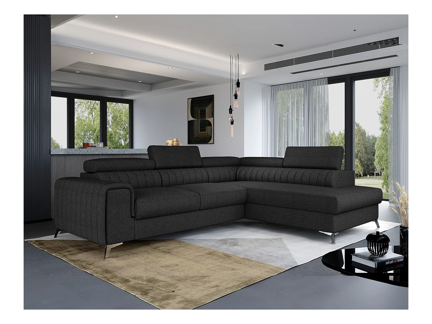 Canapé d'angle convertible tissu appuis-tête réglables LOZA - Coffre et pieds acier chromé-Gris anthracite-angle droit