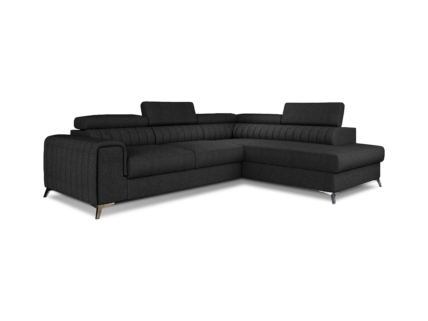 Canapé d'angle convertible tissu appuis-tête réglables LOZA - Coffre et pieds acier chromé-Gris anthracite-angle droit