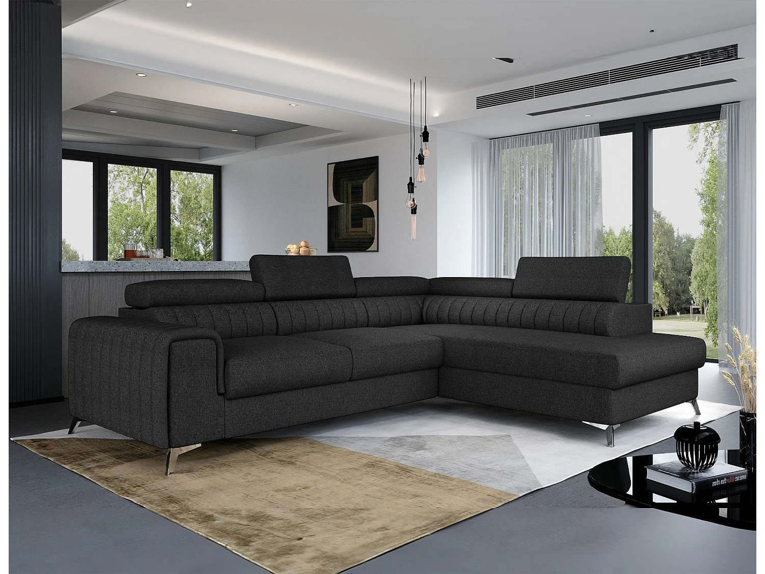 Canapé d'angle convertible tissu appuis-tête réglables LOZA - Coffre et pieds acier chromé-Gris anthracite-angle droit