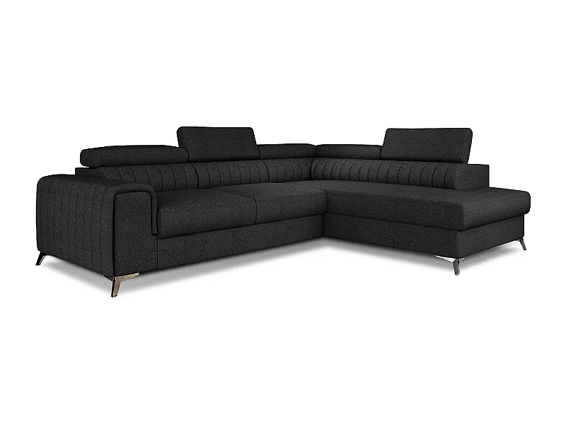 Canapé d'angle convertible tissu appuis-tête réglables LOZA - Coffre et pieds acier chromé-Gris anthracite-angle droit