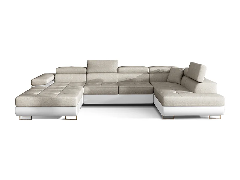 Canapé panoramique convertible ROMANO - Rangement et appuie-têtes réglables-Blanc/Beige clair-Coffre à droite