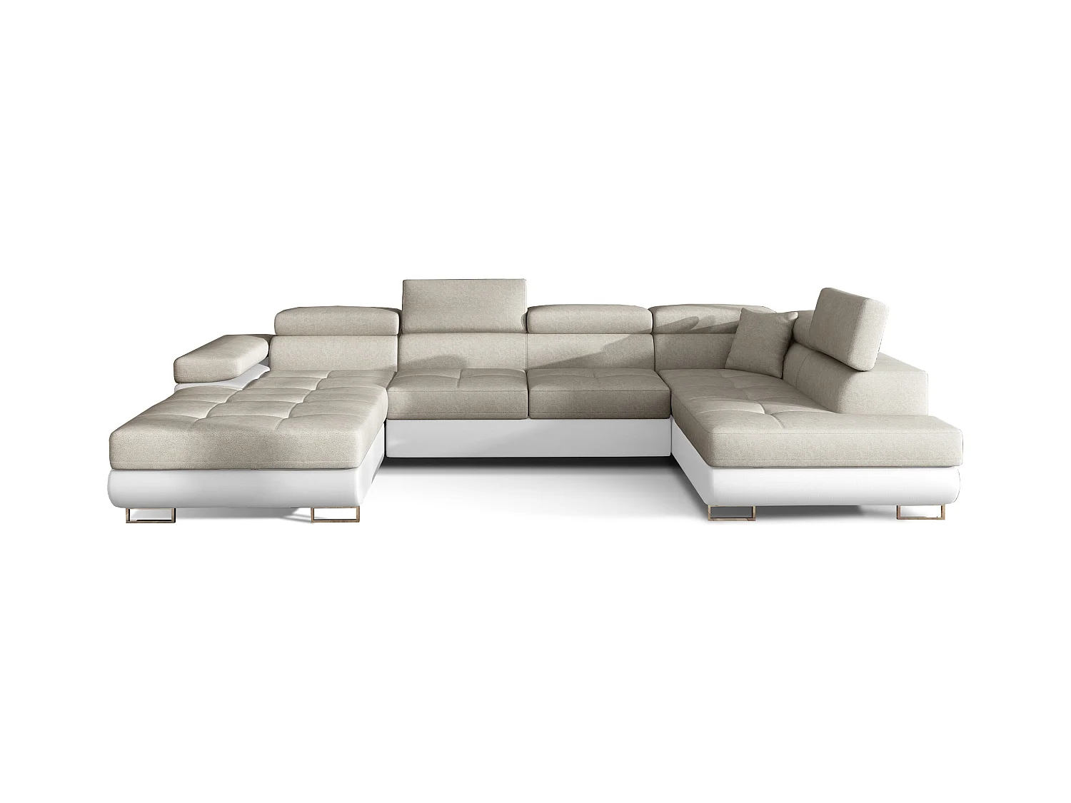 Canapé panoramique convertible ROMANO - Rangement et appuie-têtes réglables-Blanc/Beige clair-Coffre à droite