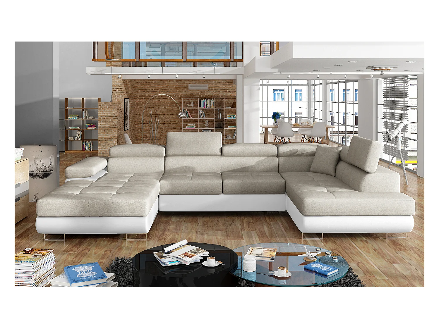 Canapé panoramique convertible ROMANO - Rangement et appuie-têtes réglables-Blanc/Beige clair-Coffre à droite