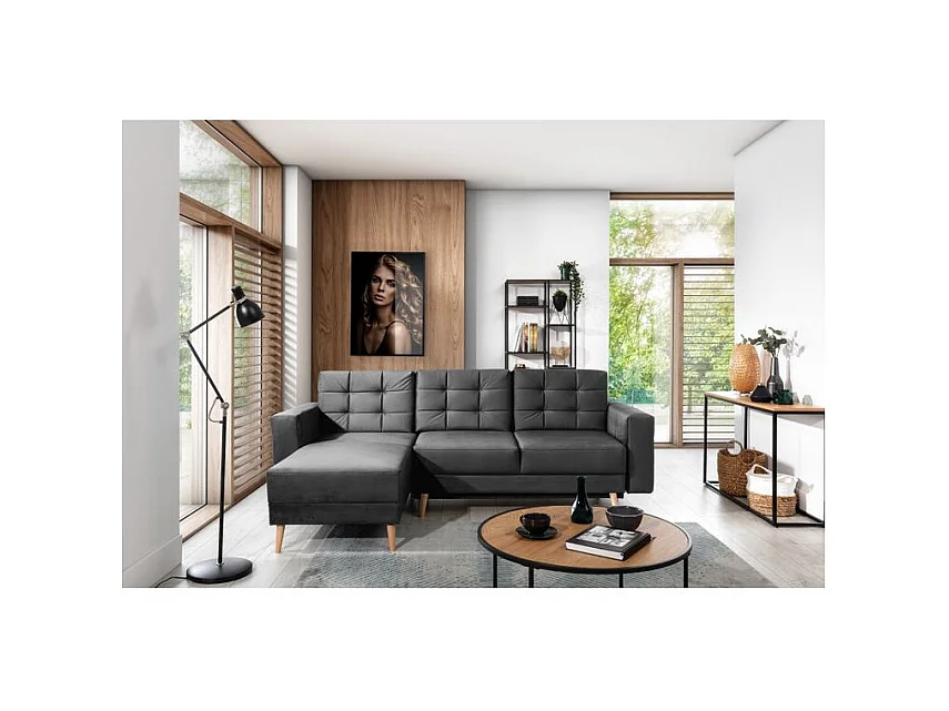 Canapé d'angle convertible et réversible velours ANSKA - Pieds bois naturel-Gris foncé