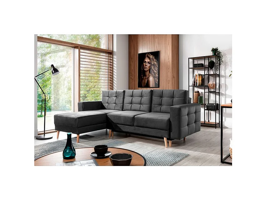 Canapé d'angle convertible et réversible velours ANSKA - Pieds bois naturel-Gris foncé