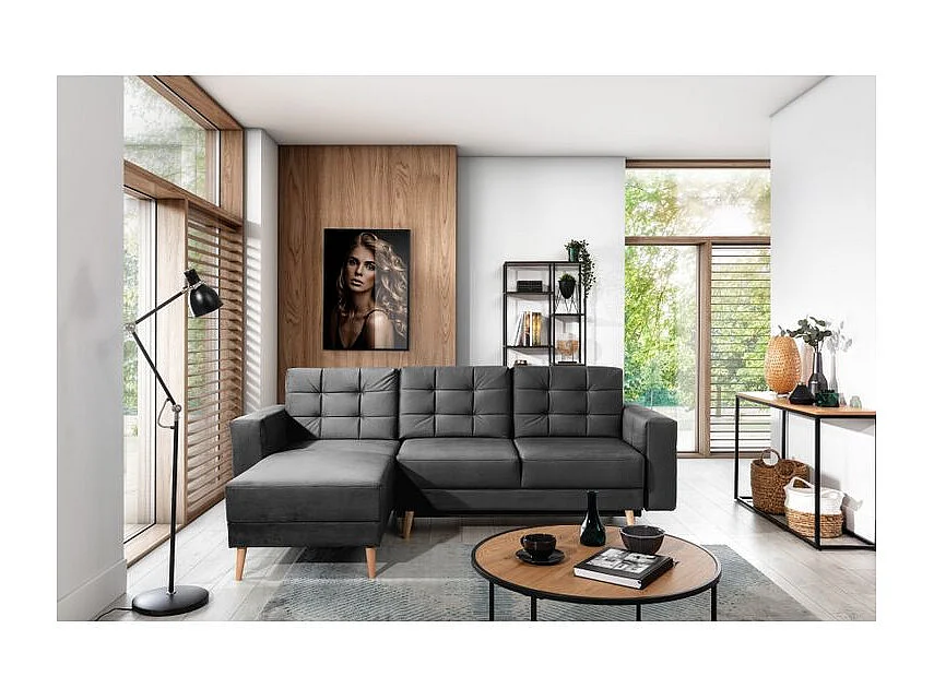 Canapé d'angle convertible et réversible velours ANSKA - Pieds bois naturel-Gris foncé