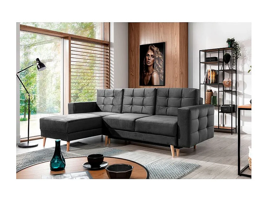Canapé d'angle convertible et réversible velours ANSKA - Pieds bois naturel-Gris foncé
