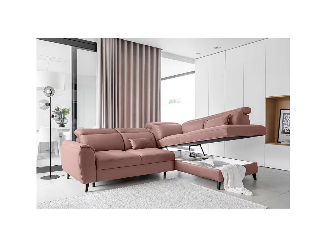 Canapé d'angle convertible avec rangement velours NOBLESSE - Pieds bois noir-Rose-angle droit