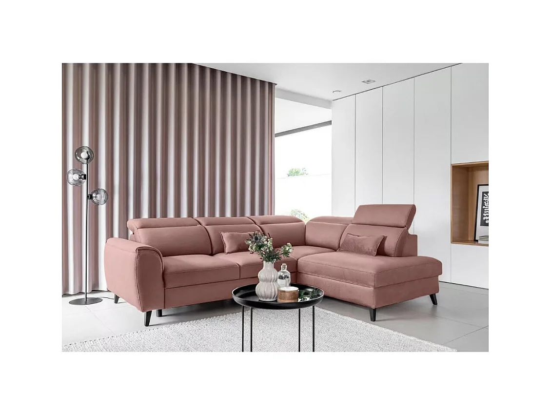 Canapé d'angle convertible avec rangement velours NOBLESSE - Pieds bois noir-Rose-angle droit