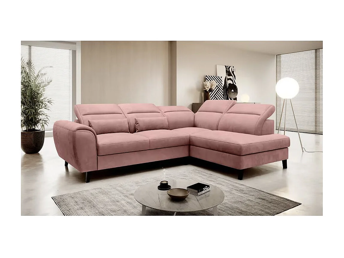 Canapé d'angle convertible avec rangement velours NOBLESSE - Pieds bois noir-Rose-angle droit