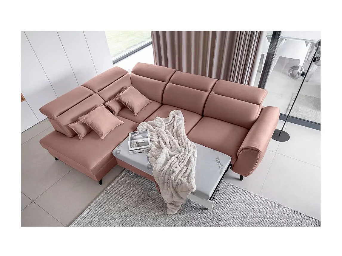 Canapé d'angle convertible avec rangement velours NOBLESSE - Pieds bois noir-Rose-angle droit