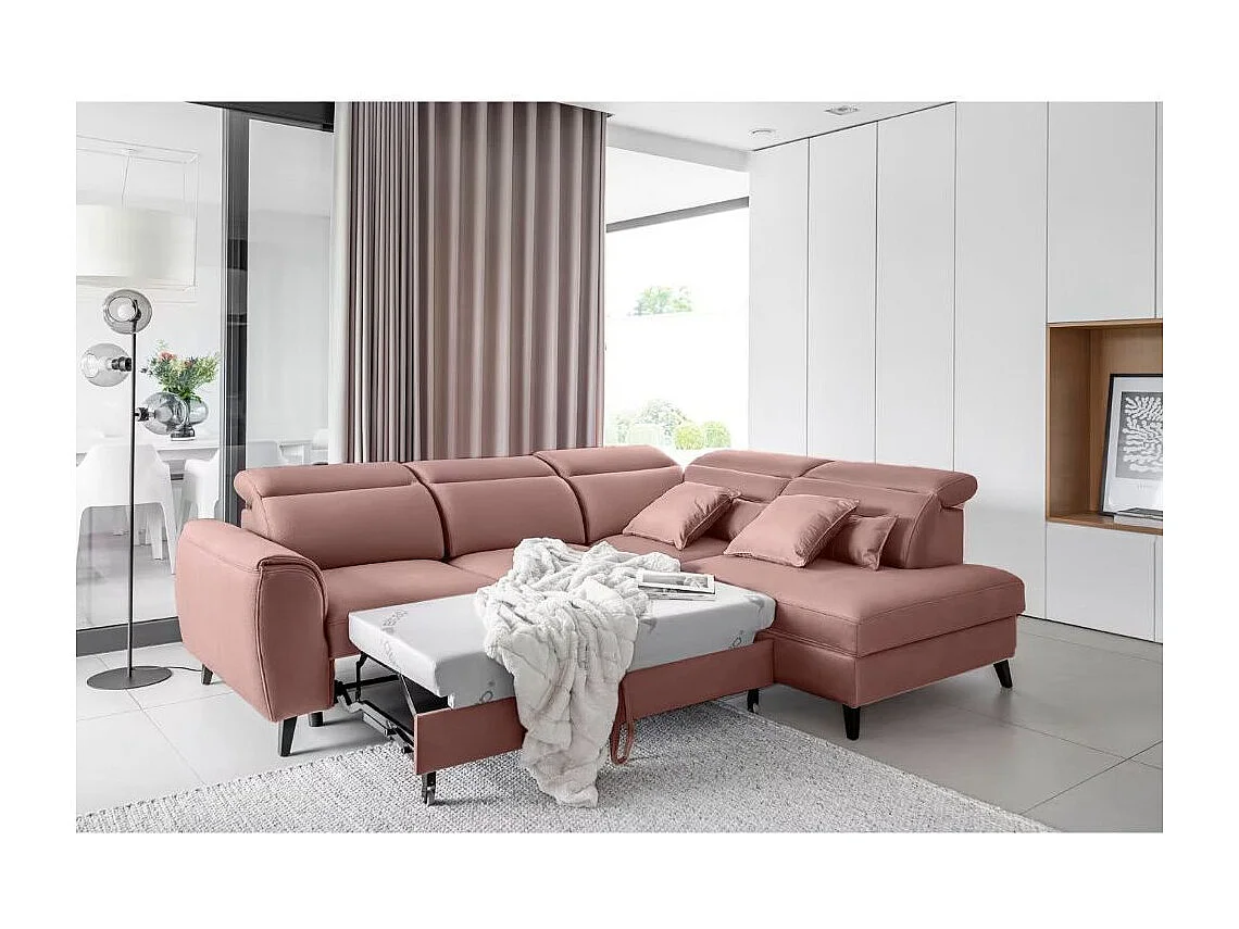 Canapé d'angle convertible avec rangement velours NOBLESSE - Pieds bois noir-Rose-angle droit