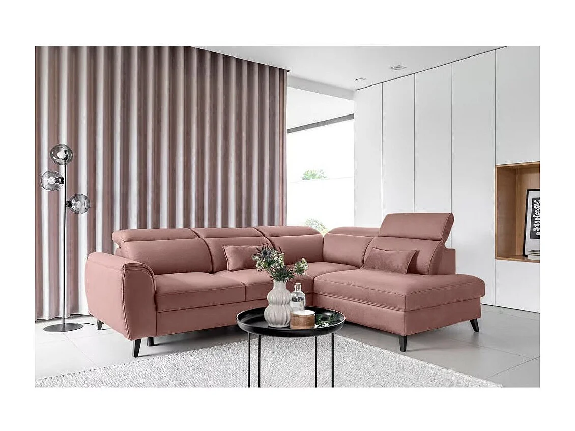 Canapé d'angle convertible avec rangement velours NOBLESSE - Pieds bois noir-Rose-angle droit