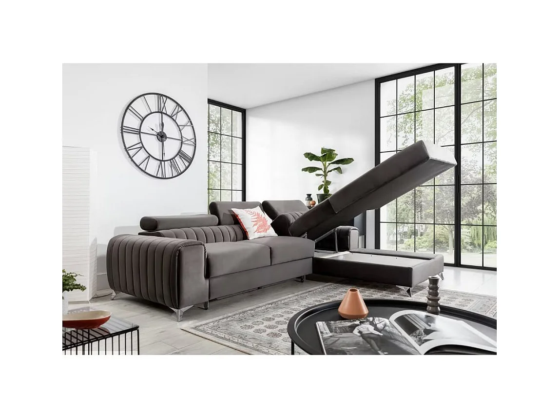 Canapé d'angle convertible velours têtière réglables GRENKY - Coffre, pieds acier chromé-Gris taupe-angle droit