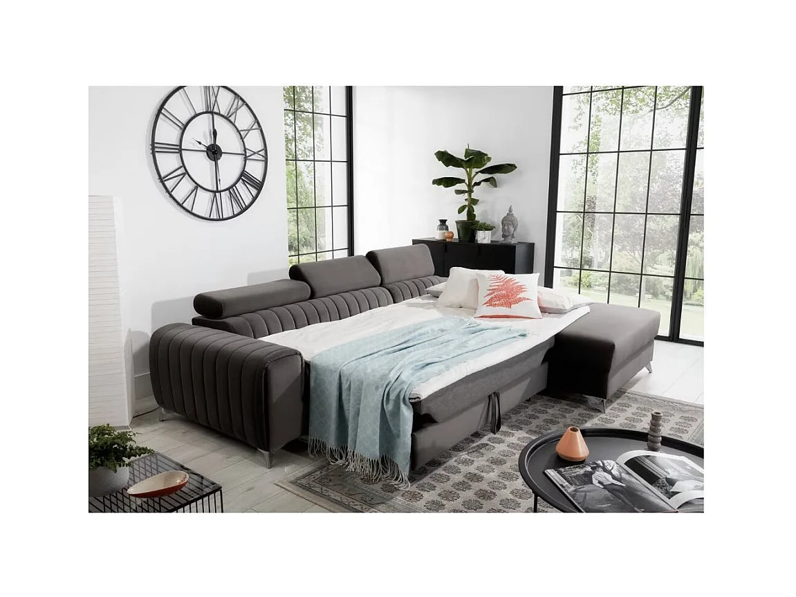 Canapé d'angle convertible velours têtière réglables GRENKY - Coffre, pieds acier chromé-Gris taupe-angle droit