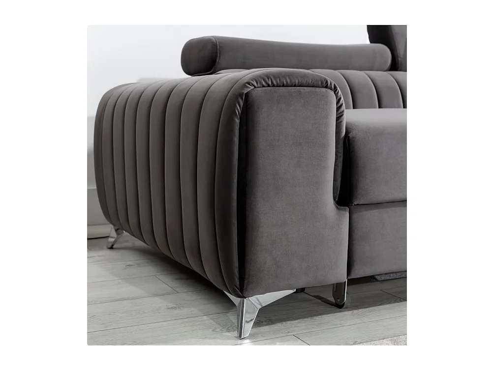 Canapé d'angle convertible velours têtière réglables GRENKY - Coffre, pieds acier chromé-Gris taupe-angle droit
