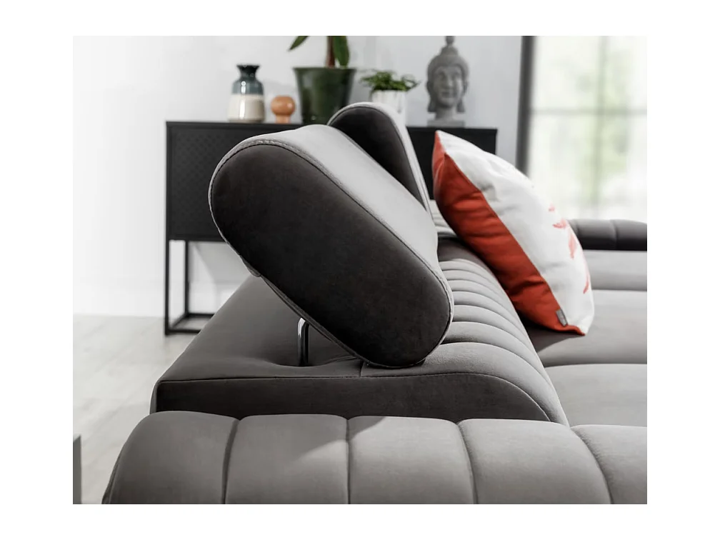 Canapé d'angle convertible velours têtière réglables GRENKY - Coffre, pieds acier chromé-Gris taupe-angle droit