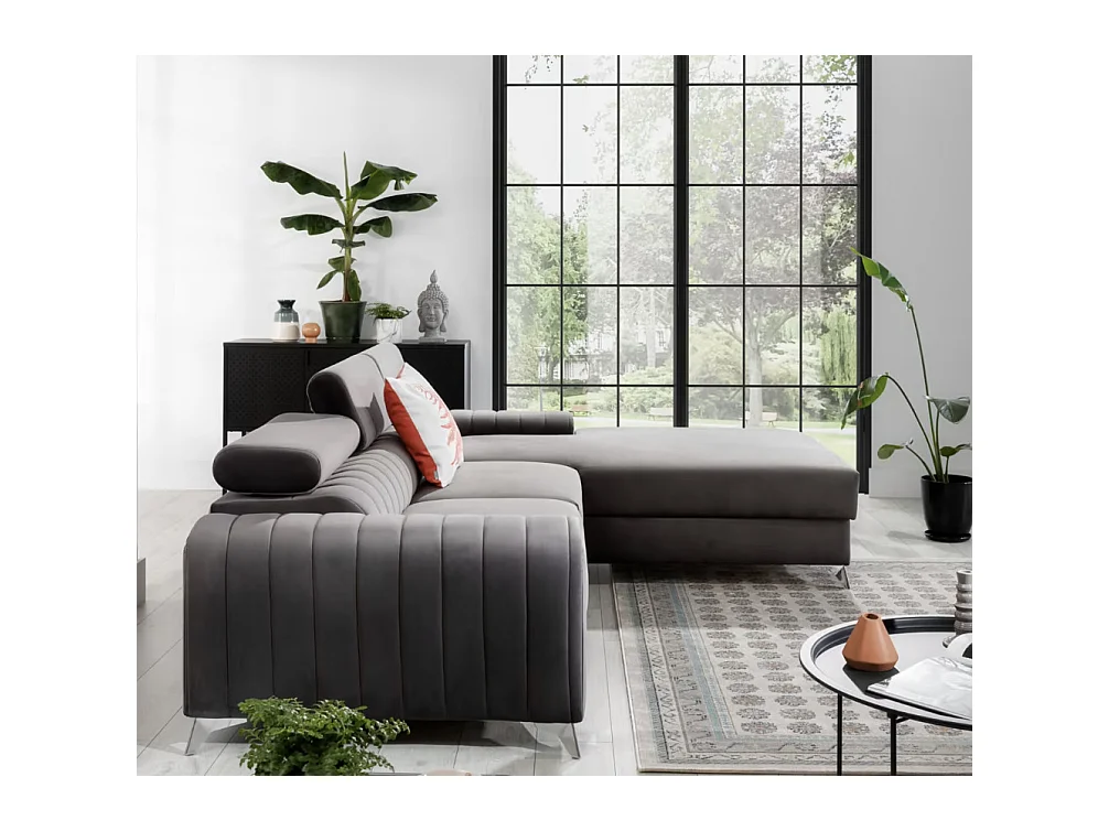 Canapé d'angle convertible velours têtière réglables GRENKY - Coffre, pieds acier chromé-Gris taupe-angle droit