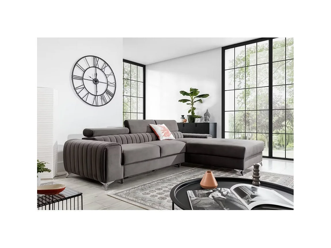 Canapé d'angle convertible velours têtière réglables GRENKY - Coffre, pieds acier chromé-Gris taupe-angle droit