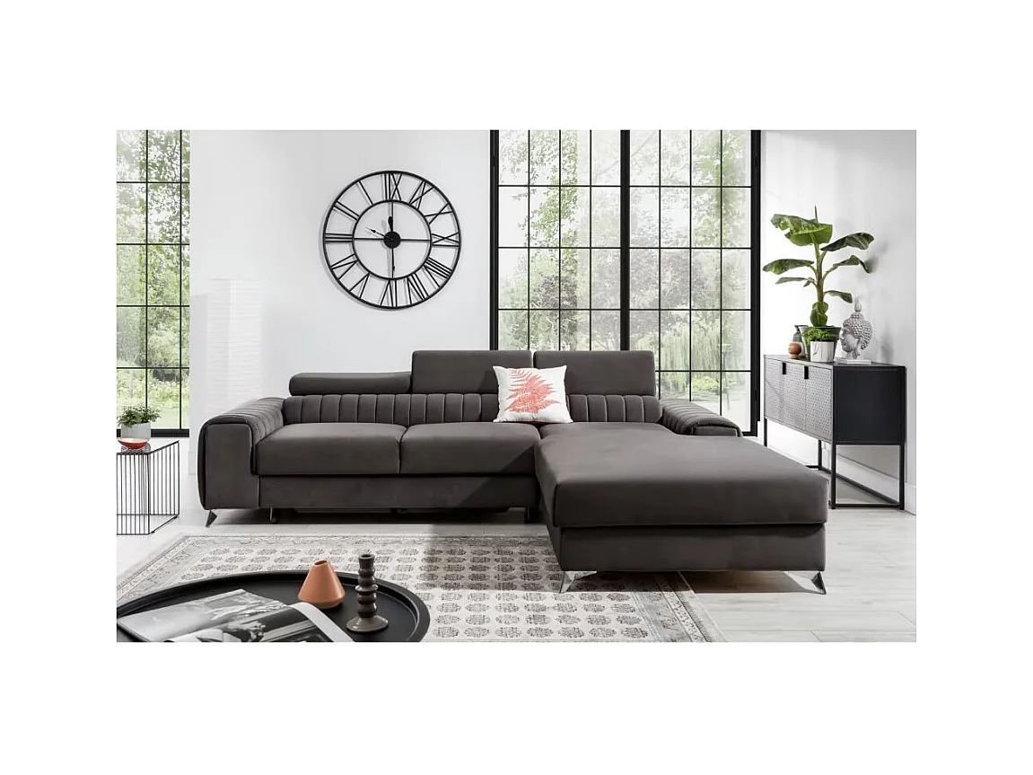 Canapé d'angle convertible velours têtière réglables GRENKY - Coffre, pieds acier chromé-Gris taupe-angle droit