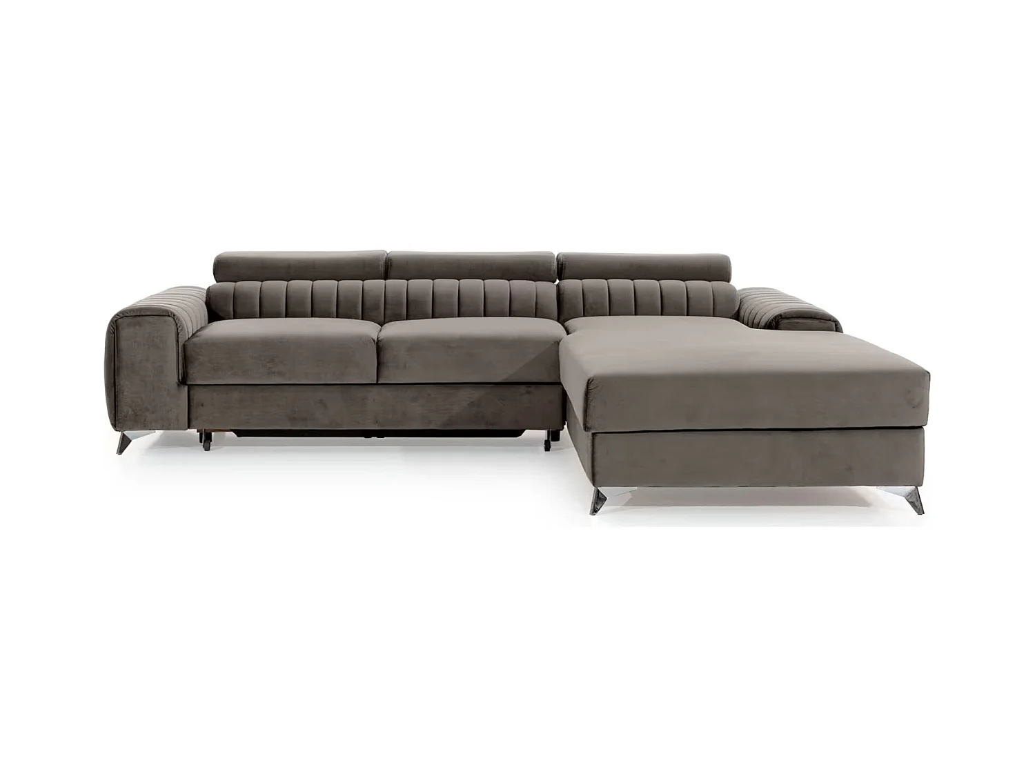 Canapé d'angle convertible velours têtière réglables GRENKY - Coffre, pieds acier chromé-Gris taupe-angle droit