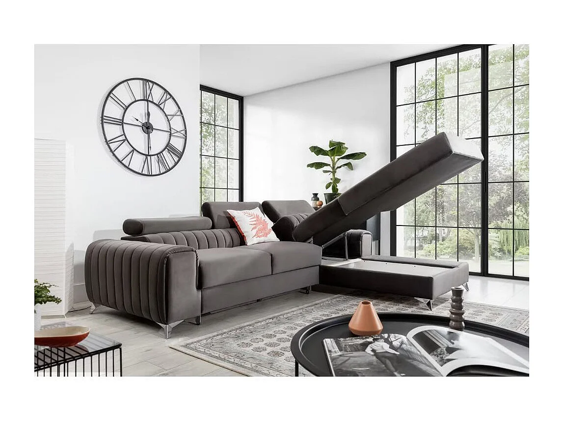 Canapé d'angle convertible velours têtière réglables GRENKY - Coffre, pieds acier chromé-Gris taupe-angle droit