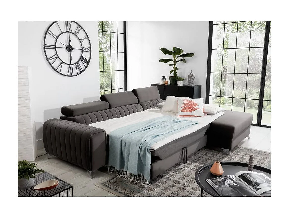 Canapé d'angle convertible velours têtière réglables GRENKY - Coffre, pieds acier chromé-Gris taupe-angle droit