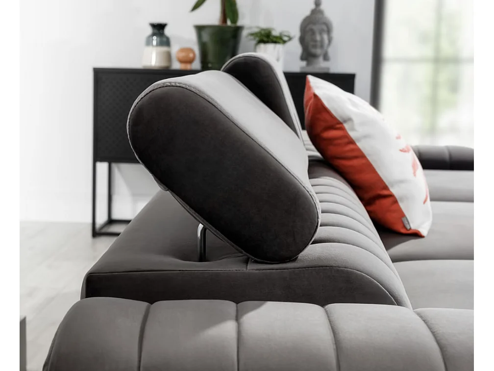 Canapé d'angle convertible velours têtière réglables GRENKY - Coffre, pieds acier chromé-Gris taupe-angle droit