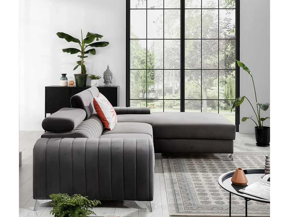 Canapé d'angle convertible velours têtière réglables GRENKY - Coffre, pieds acier chromé-Gris taupe-angle droit