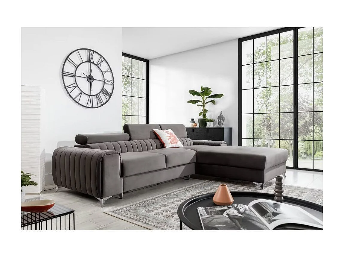 Canapé d'angle convertible velours têtière réglables GRENKY - Coffre, pieds acier chromé-Gris taupe-angle droit