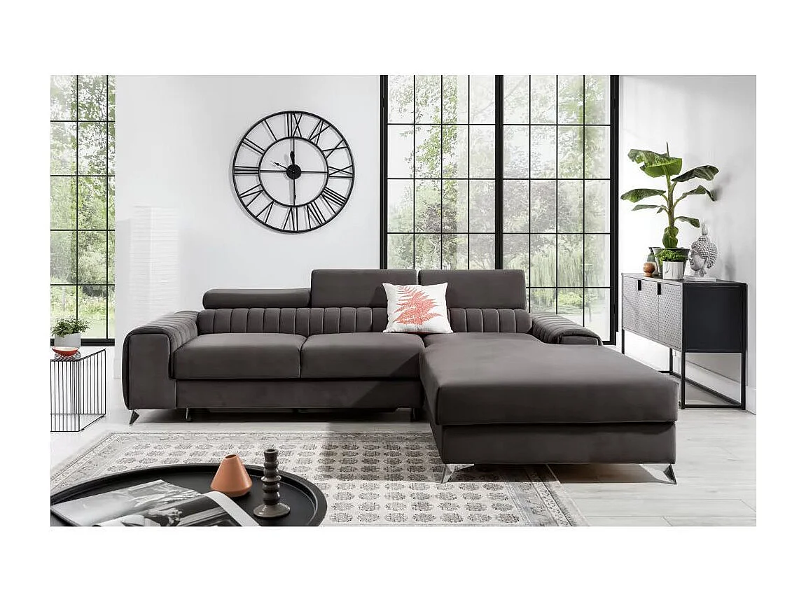 Canapé d'angle convertible velours têtière réglables GRENKY - Coffre, pieds acier chromé-Gris taupe-angle droit